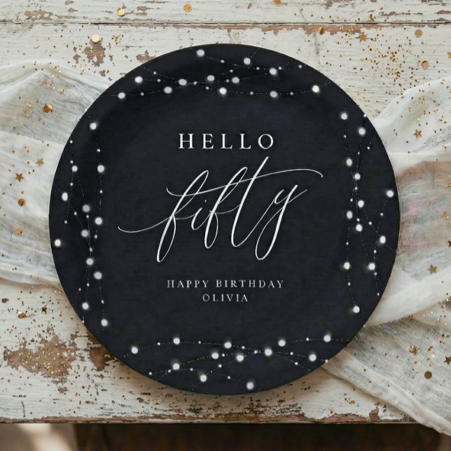 50th Birthday Party Hello Fifty Modern Fun Paper Plates (Hello Fifty black and white 50th birthday paper plates with script and string lights)