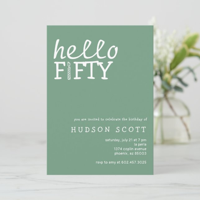  50th Birthday Party Hello Fifty Modern Sage Green Invitation (Standing Front)