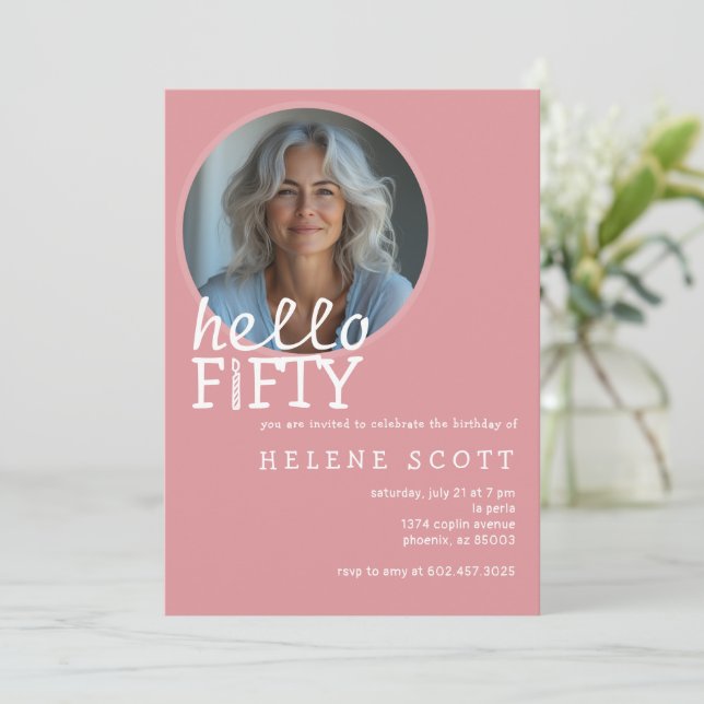  50th Birthday Party Hello Fifty Photo Modern Pink Invitation (Standing Front)