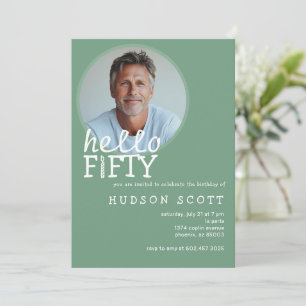 50th Birthday Party Hello Fifty Photo Sage Green Invitation