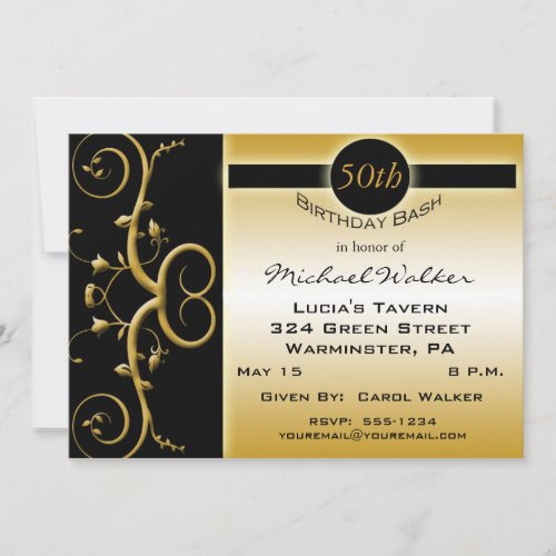 50th Birthday Party in Elegant Black and Gold Invitations