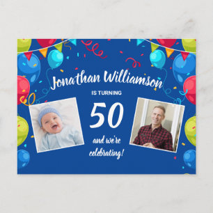 50th Birthday Party Invitation, 2 Photos, Balloons Postcard