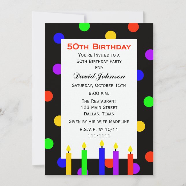 50th Birthday Party Invitation Candles and Dots (Front)