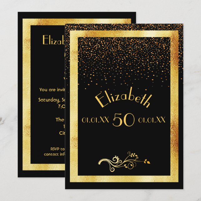 50th birthday party invitation card black and gold (Front/Back)