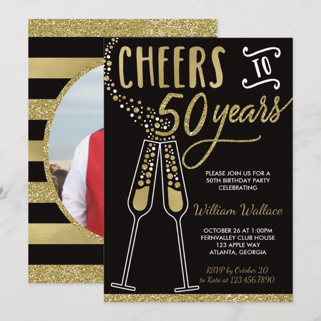 50th Birthday Party Invitation, Gold, Black Invitation (Front/Back)