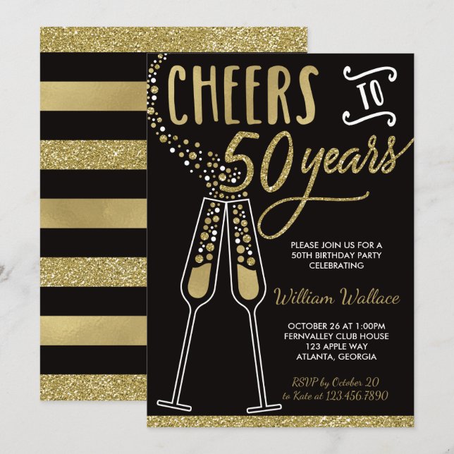 50th Birthday Party Invitation, Gold, Black Invitation (Front/Back)