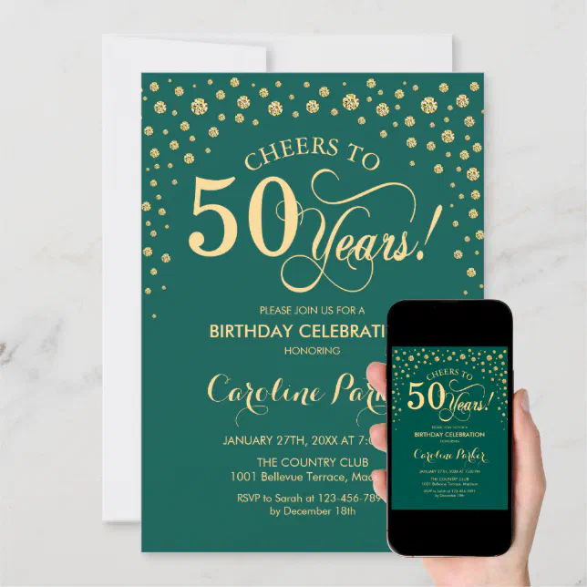 50th Birthday Party Invitation - Gold Green | Zazzle