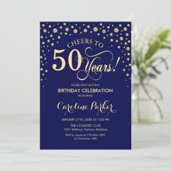 50th Birthday Party Invitation - Gold Navy Blue | Zazzle