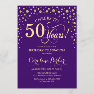 50th Birthday Party Invitation - Gold Purple