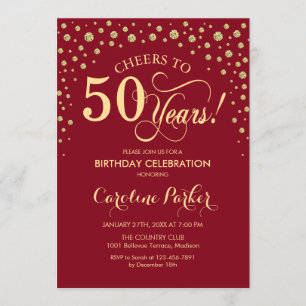 50th Birthday Party Invitation - Gold Red