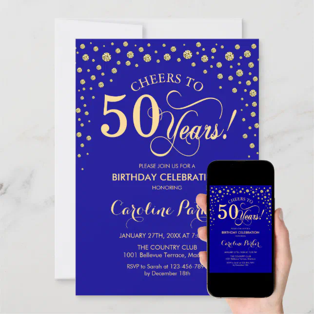 50th Birthday Party Invitation - Gold Royal Blue | Zazzle