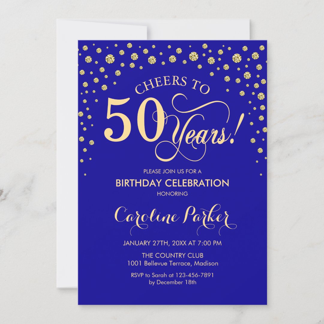 50th Birthday Party Invitation - Gold Royal Blue | Zazzle