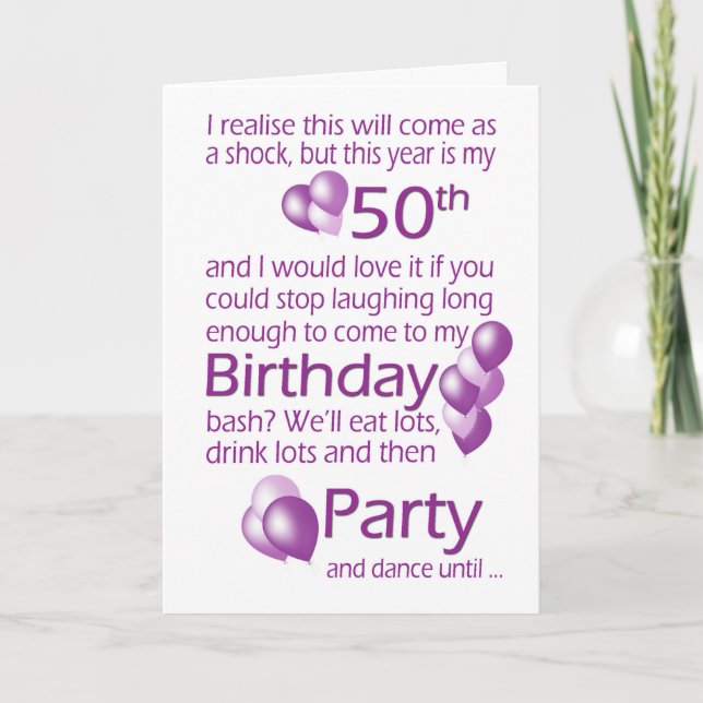 50th Birthday Party Invitation, Humorous Word Play Card (Front)