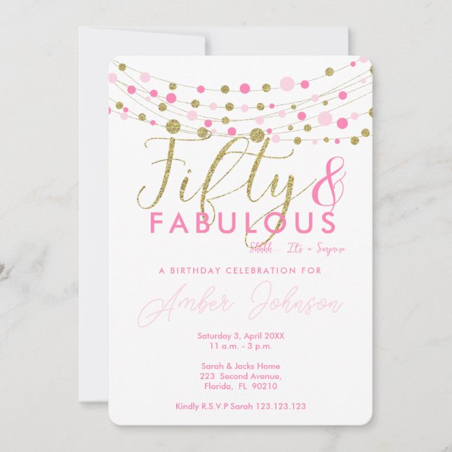 50th birthday party invitation, pink and gold invitation (Front)