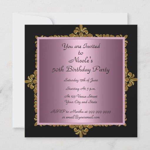 50th Birthday Party Invitation Pink Black Gold 