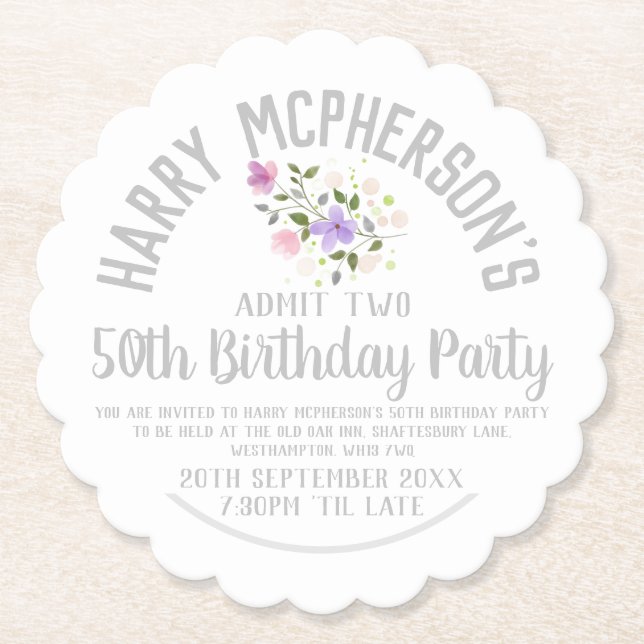 50th Birthday Party Invitation Ticket Paper Coaster (Front)