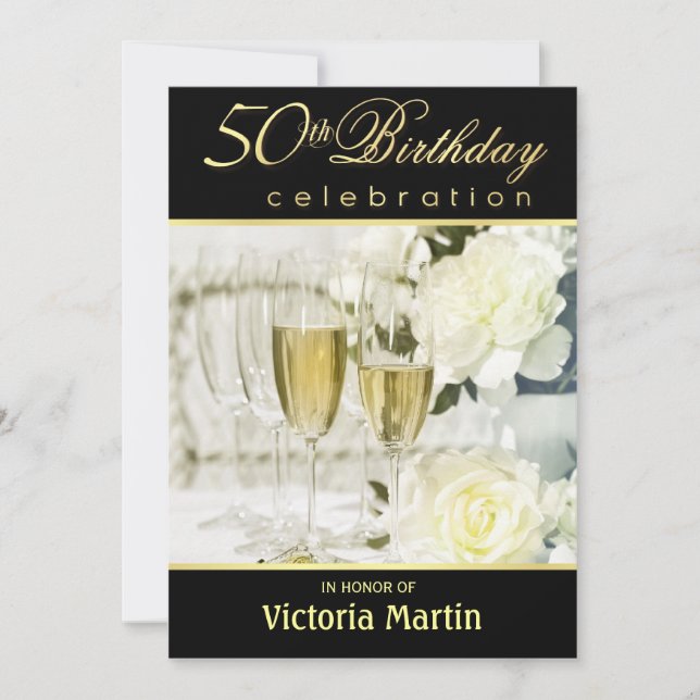 50th Birthday Party Invitations - Black and Gold (Front)