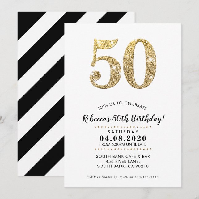 50TH BIRTHDAY PARTY INVITE modern gold glitter (Front/Back)