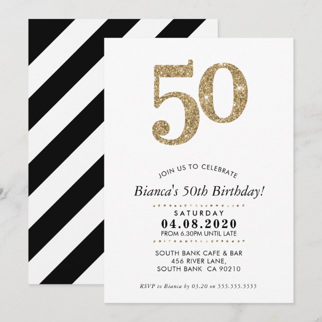 50TH BIRTHDAY PARTY INVITE modern gold glitter (Front/Back)