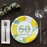 50th birthday party lemons name paper plates<br><div class="desc">Juicy,  delicious watercolored lemons in yellow,  green and a white backdrop for a 50th birthday party. A white and green frame with templates for a name,  age and a date. The name is written in a hand-lettered style script,  black letters. Number 50 is written in green.</div>