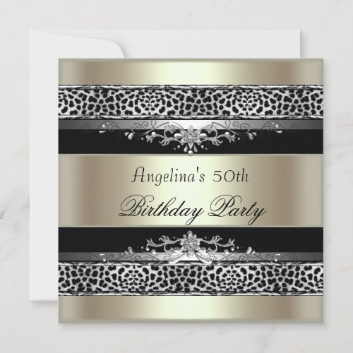 50th Birthday Party Leopard Black Mint Gold Cream Invitation