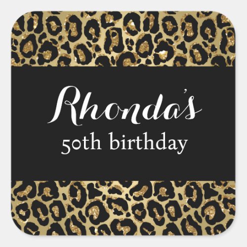 50th birthday party leopard print black gold  square sticker