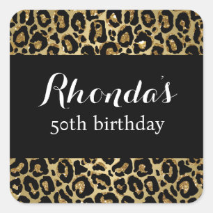 50th birthday party leopard print black gold square sticker