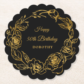 50th Birthday Party Luxe Gold Rose Floral Black Paper Coaster