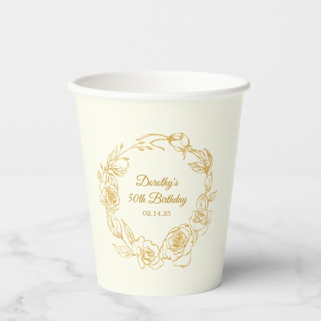 50th Birthday Party Luxe Gold Rose White Paper Cups (Front)