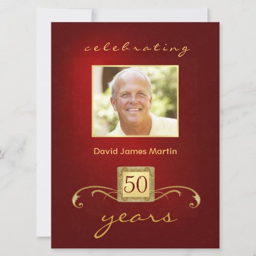 50th Birthday Party _ Masculine Red Gold Invites