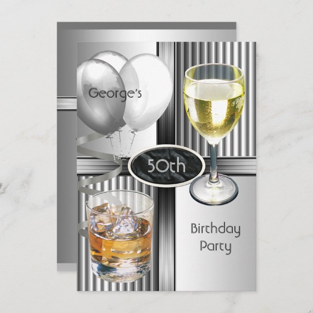 50th Birthday Party Mens Drinks Balloons Silver Invitation (Front/Back)