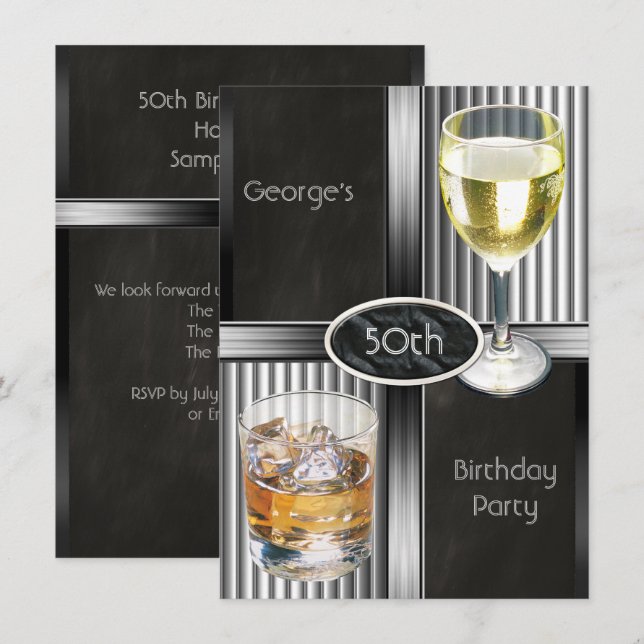 50th Birthday Party Mens Drinks Chalkboard Black Invitation (Front/Back)