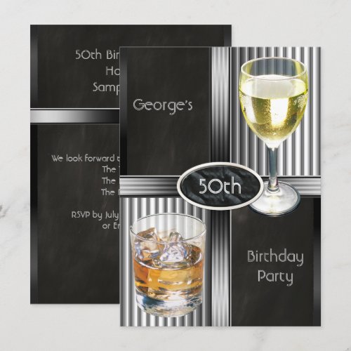 50th Birthday Party Mens Drinks Chalkboard Black Announcements
