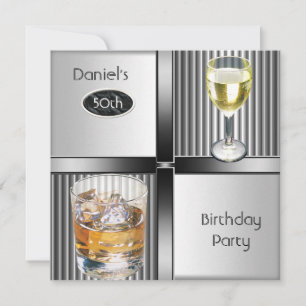 50th Birthday Party Mens Drinks Metal Black Silver Invitation