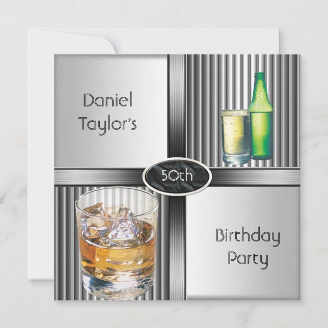 50th Birthday Party Mens Drinks Metal Black Silver Invitation (Front)