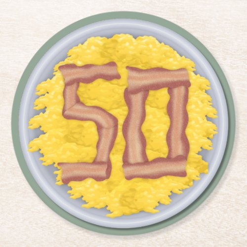 50th Birthday Party Mens Funny Bacon Eggs Round Paper Coaster