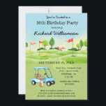 50th Birthday Party Men's Golf Theme Party   Invitation<br><div class="desc">This festive and colorful Birthday Party Invitation has a Golf theme and it's perfect for a Golfer. It features a Golf Cart with Golf Clubs on a Golf Course, Much to personalize to make appropriate for your own event as well as a photo. We have all the ingredients to make...</div>