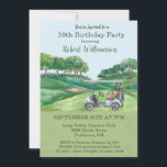 50th Birthday Party Men's Golf Theme Party  Invitation<br><div class="desc">This festive and scenic 50th Birthday Party Invitation has a Golf theme and it's perfect for a Golfer. It features a Golf Cart with Golf Clubs on a Golf Course. Much to personalize to make appropriate for your own event. We have all the ingredients to make it a special party...</div>