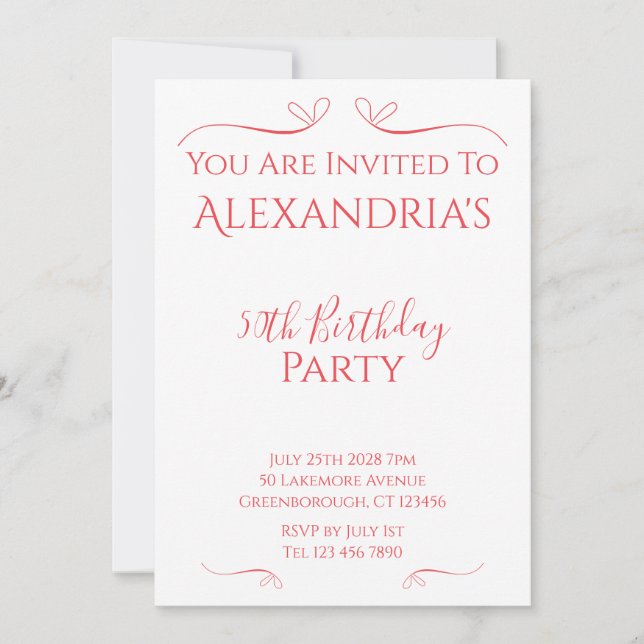 50th Birthday Party Minimal Modern Pink Red Invitation (Front)