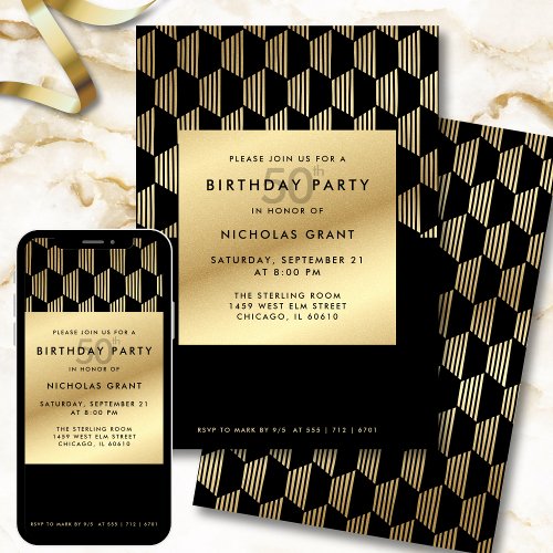 50th Birthday Party Modern Black and Gold Foil