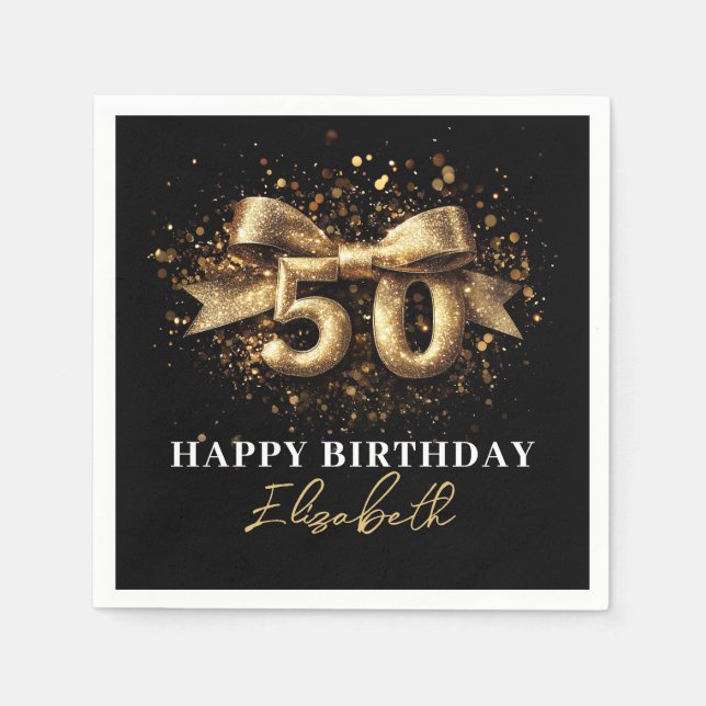  50th Birthday Party Modern Black and Gold Napkins (Front)