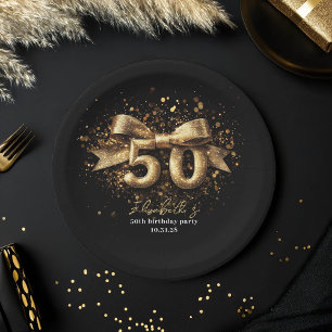  50th Birthday Party Modern Black and Gold Paper Plates