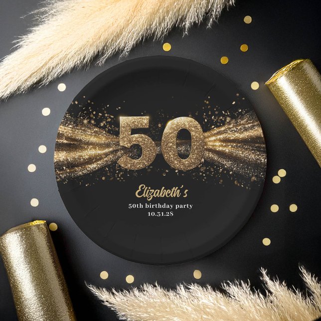  50th Birthday Party Modern Black and Gold Paper Plates (50th Birthday Party Paper Plates in Gold and Black Colors)
