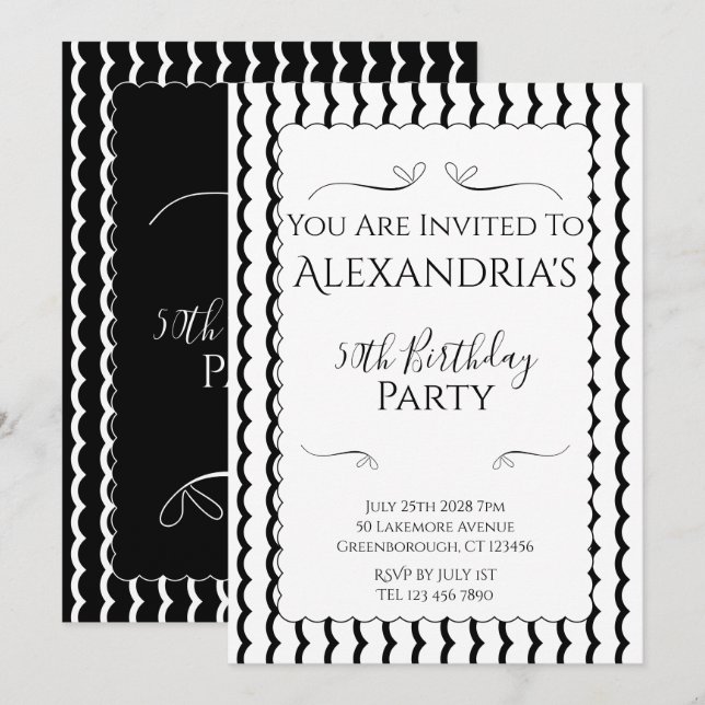 50th Birthday Party Modern Black and White Invitation (Front/Back)