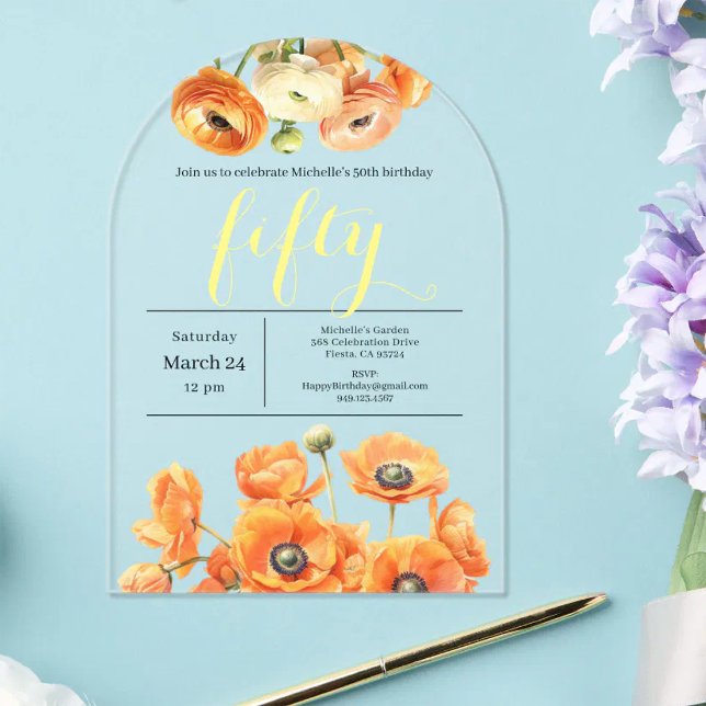 50th Birthday Party Modern Garden Orange Flowers Acrylic Invitations (Creator Uploaded)