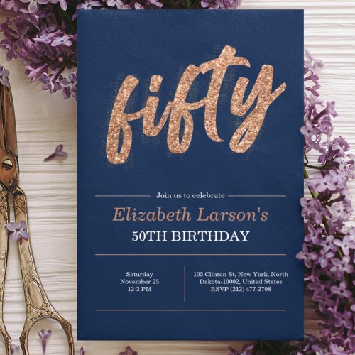 50th Birthday Party Modern Gold  Blue  Fifty Invitation