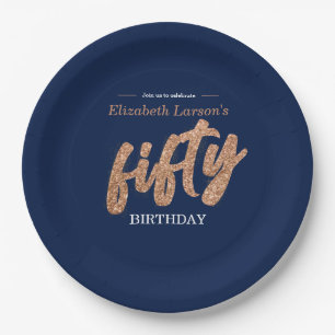 50th Birthday Party Modern Gold & Blue   Fifty Paper Plates
