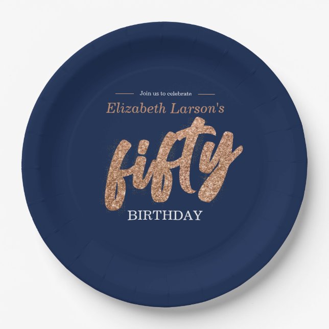 50th Birthday Party Modern Gold & Blue | Fifty Paper Plates (Front)