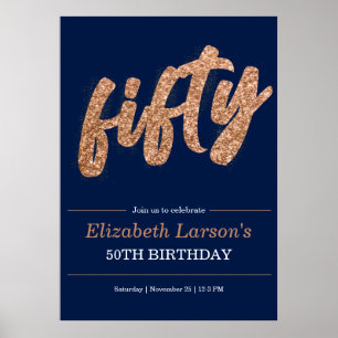 50th Birthday Party Modern Gold & Blue   Fifty Poster