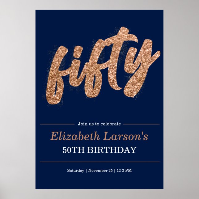 50th Birthday Party Modern Gold & Blue | Fifty Poster (Front)